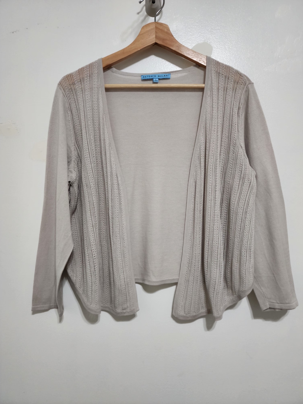 ANTONIO MELANI Light Gray Open-Front Knit Cardigan Silk Cotton Blend Size L Chic